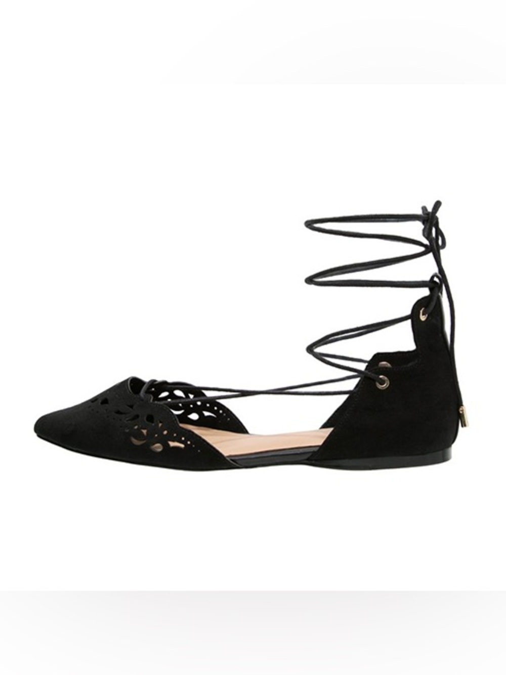 Christian Siriano Black Laser-Cut Lace-Up Pointed Flats